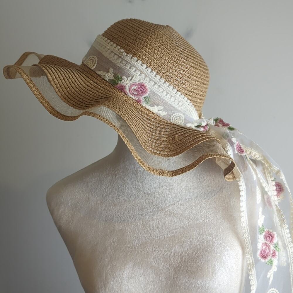 Cottagecore Romanic Garden Embroidered Floral Bow Straw Brunch Sunday Hat